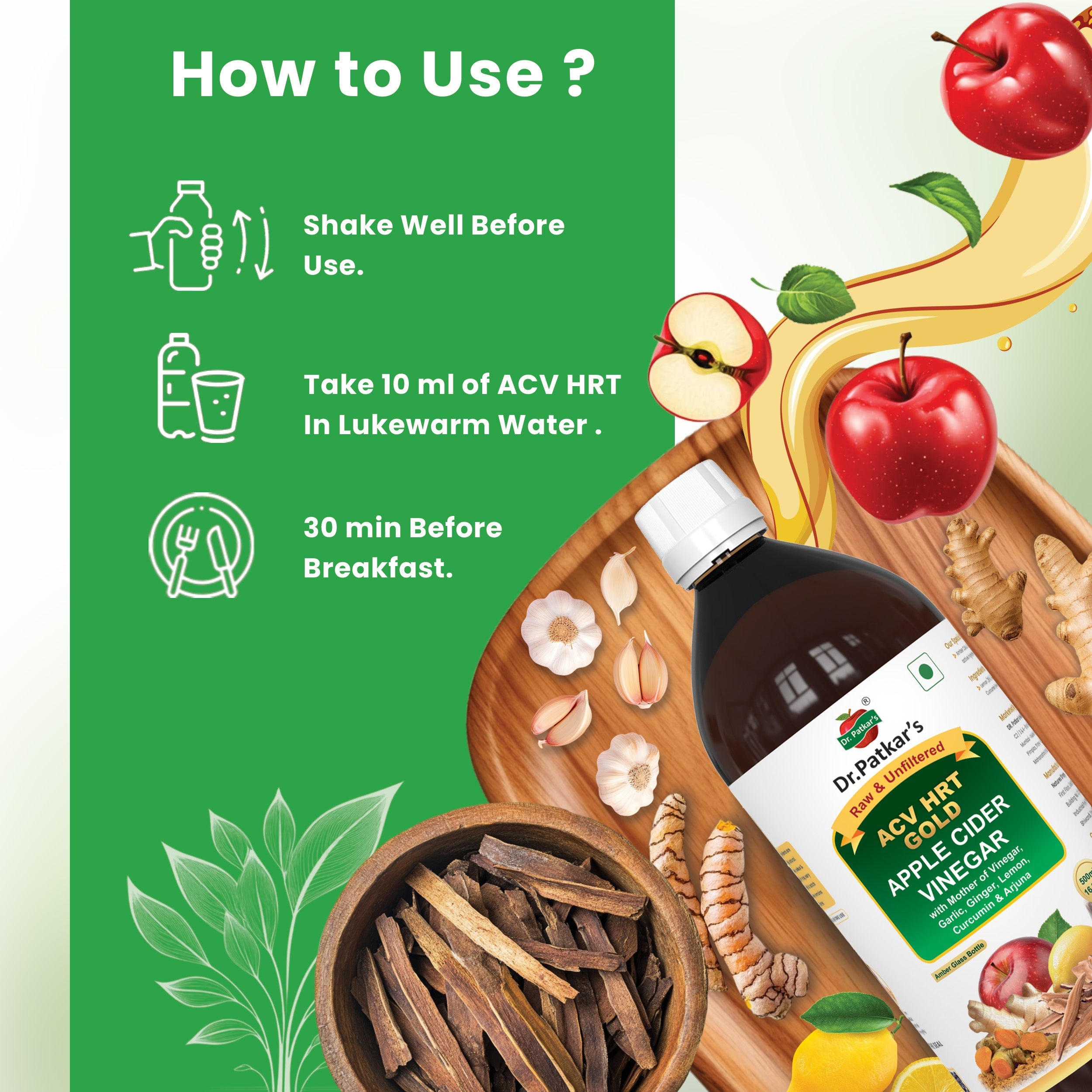 Dr. Patkar's ACV HRT GOLD | Apple Cider Vinegar with Arjuna, Curcumin, Ginger, Garlic & Lemon | 2X Formula Health Shot |Cholesterol Care| Immunity, Heart & Gut Support | Raw & Unfiltered (500 ML)