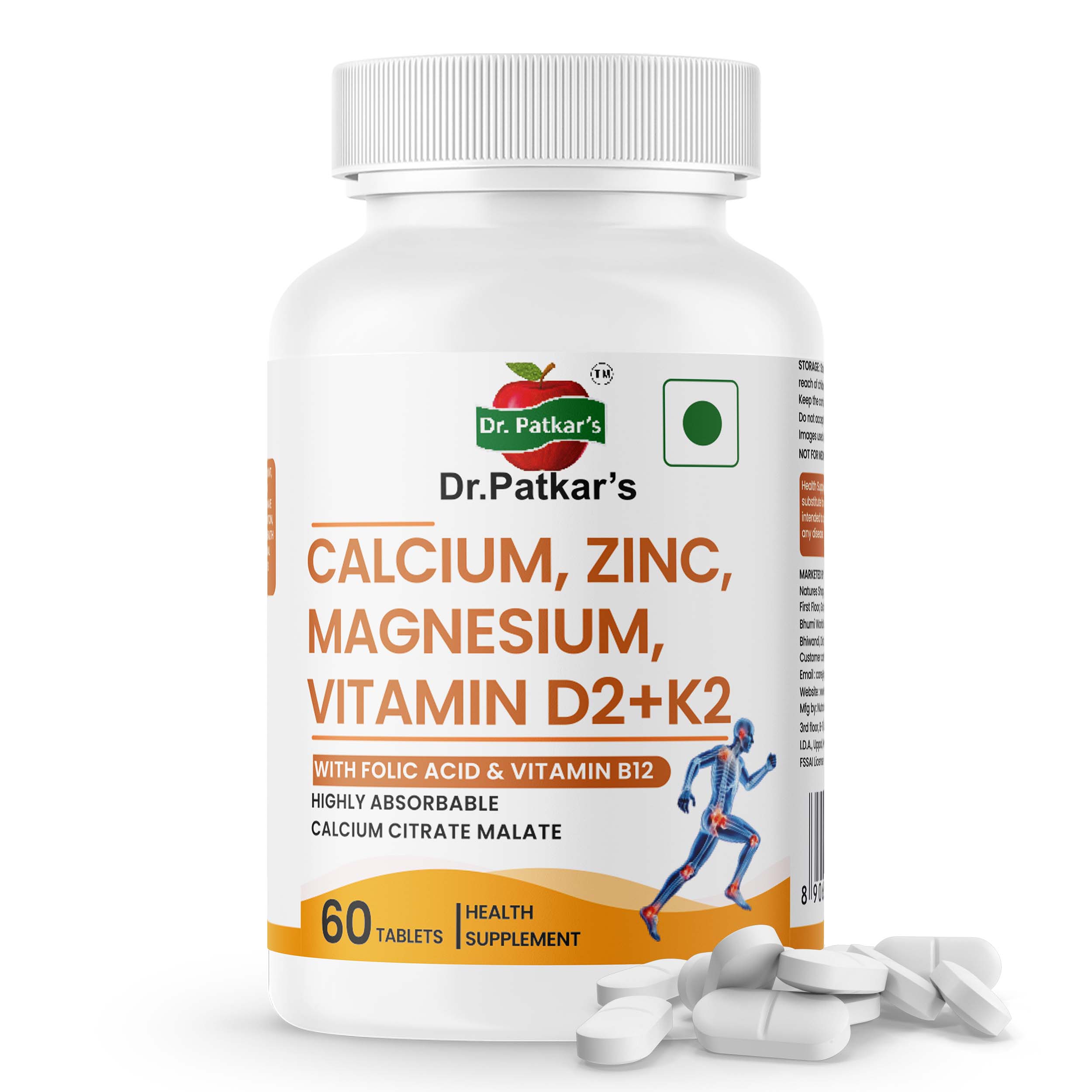 Dr Patkar’s Calcium Citrate Malate, Zinc, Magnesium, Vitamin D2 + K2 MK7 with Folic Acid & Vitamin B12 Tablets – Strong Bones, Immunity & Energy Support – Vegetarian Supplement - 60 Tablets