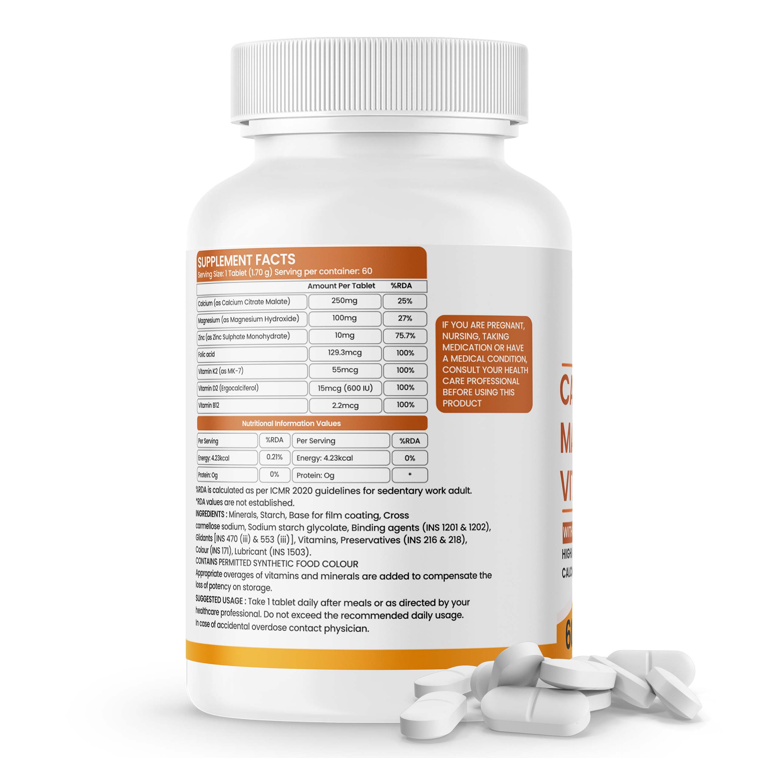 Dr Patkar’s Calcium Citrate Malate, Zinc, Magnesium, Vitamin D2 + K2 MK7 with Folic Acid & Vitamin B12 Tablets – Strong Bones, Immunity & Energy Support – Vegetarian Supplement - 60 Tablets