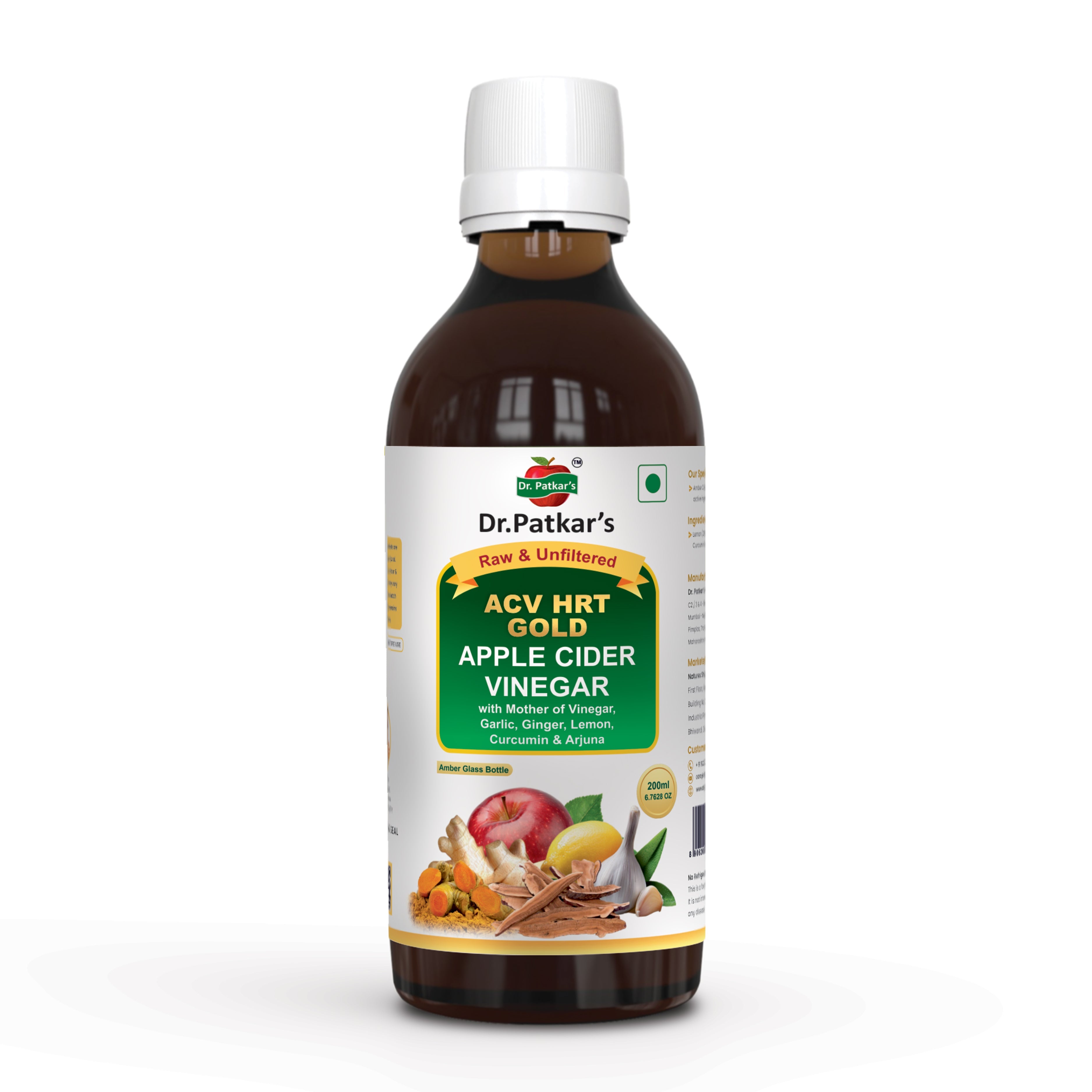 Dr. Patkar's ACV HRT GOLD | Apple Cider Vinegar with Arjuna, Curcumin, Ginger, Garlic & Lemon | 2X Formula Health Shot | Cholesterol Care | Immunity, Heart & Gut Support | Raw & Unfiltered (200 ML)