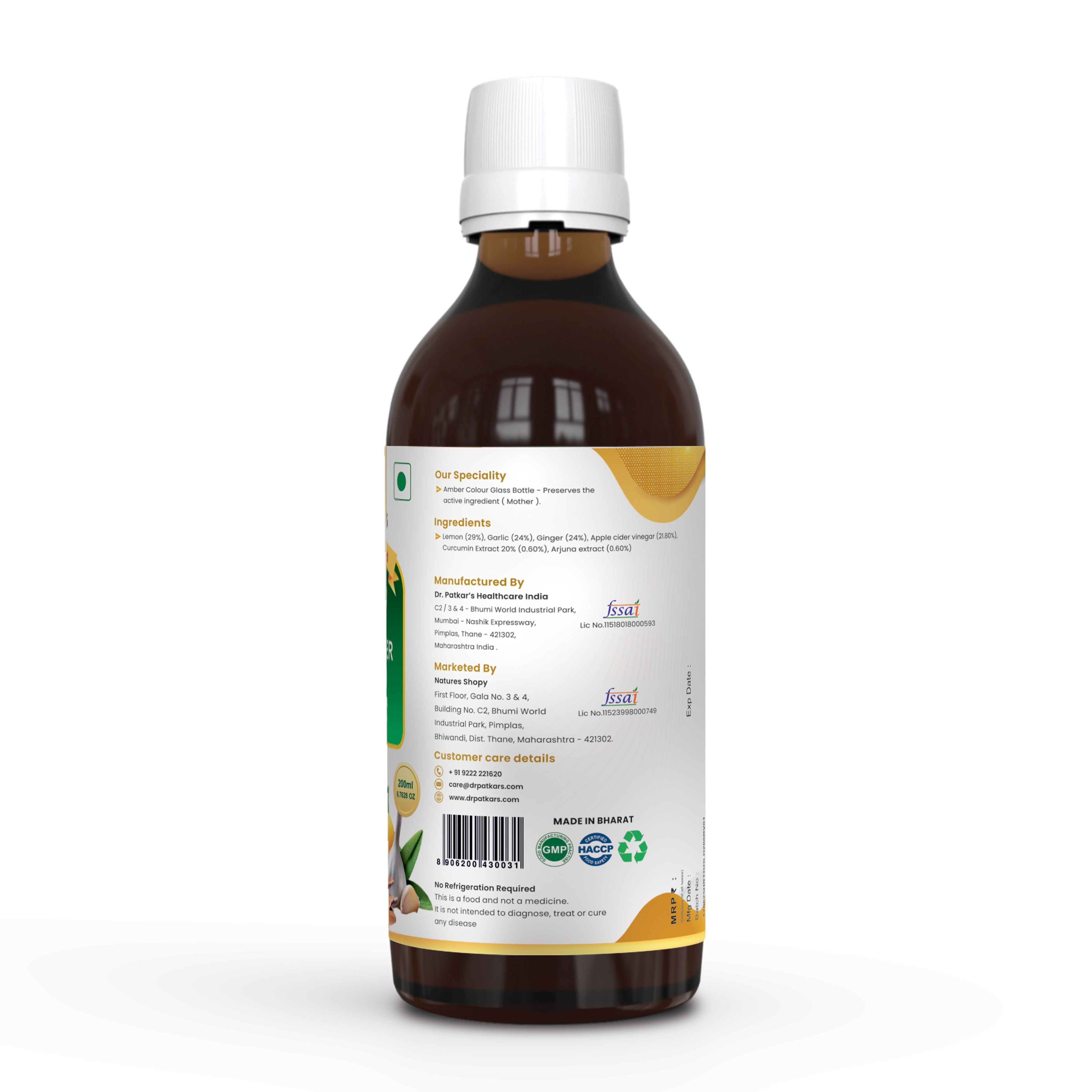 Dr. Patkar's ACV HRT GOLD | Apple Cider Vinegar with Arjuna, Curcumin, Ginger, Garlic & Lemon | 2X Formula Health Shot | Cholesterol Care | Immunity, Heart & Gut Support | Raw & Unfiltered (200 ML)