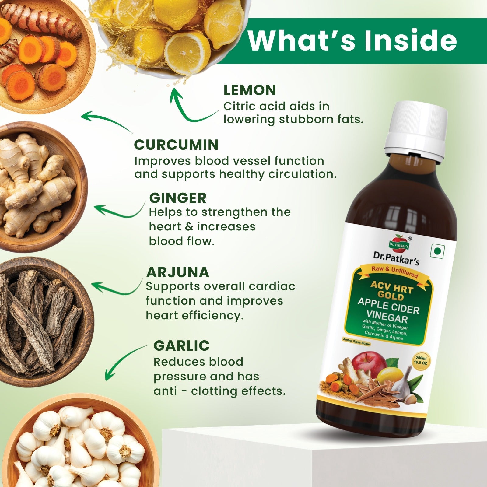 Dr. Patkar's ACV HRT GOLD | Apple Cider Vinegar with Arjuna, Curcumin, Ginger, Garlic & Lemon | 2X Formula Health Shot | Cholesterol Care | Immunity, Heart & Gut Support | Raw & Unfiltered (200 ML)