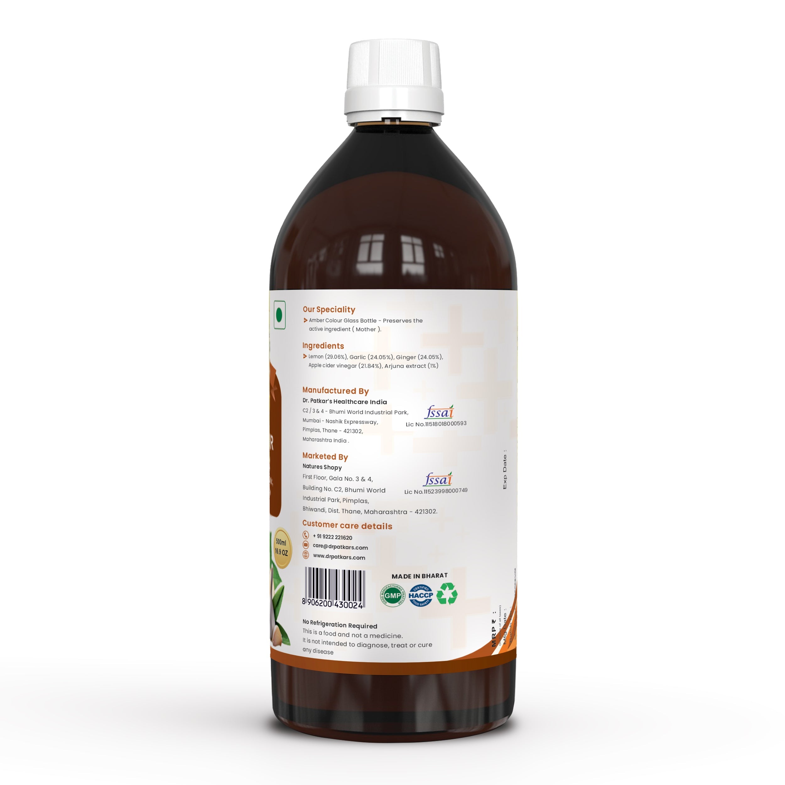 Dr. Patkar's Apple Cider Vinegar with Ginger, Garlic, Lemon & Arjuna (ACV HRT PLUS) + Formula Morning Detox Tonic Heart, Immunity & Digestion Support 500 ML (Pack of 1)