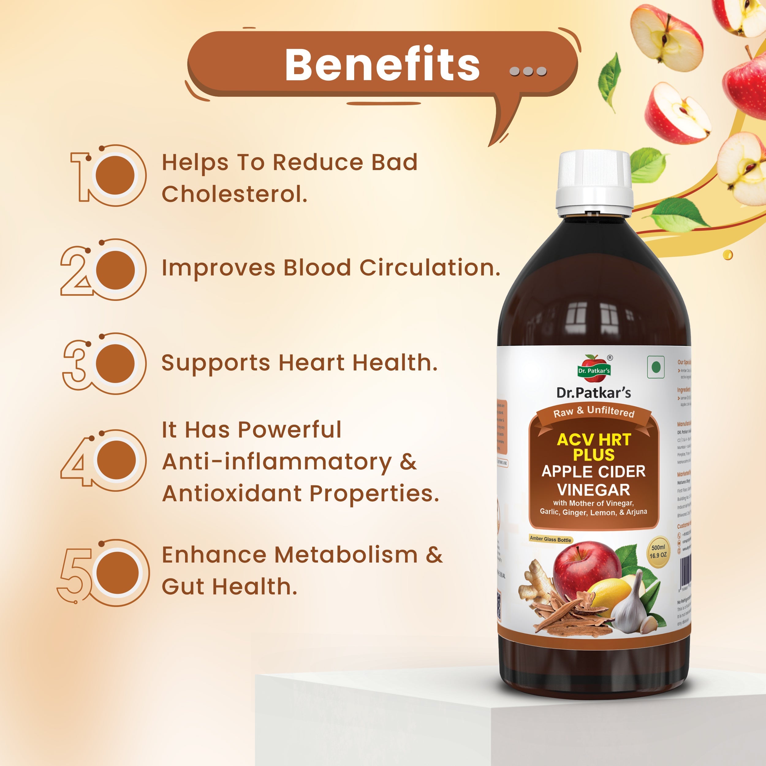 Dr. Patkar's Apple Cider Vinegar with Ginger, Garlic, Lemon & Arjuna (ACV HRT PLUS) + Formula Morning Detox Tonic Heart, Immunity & Digestion Support 500 ML (Pack of 1)