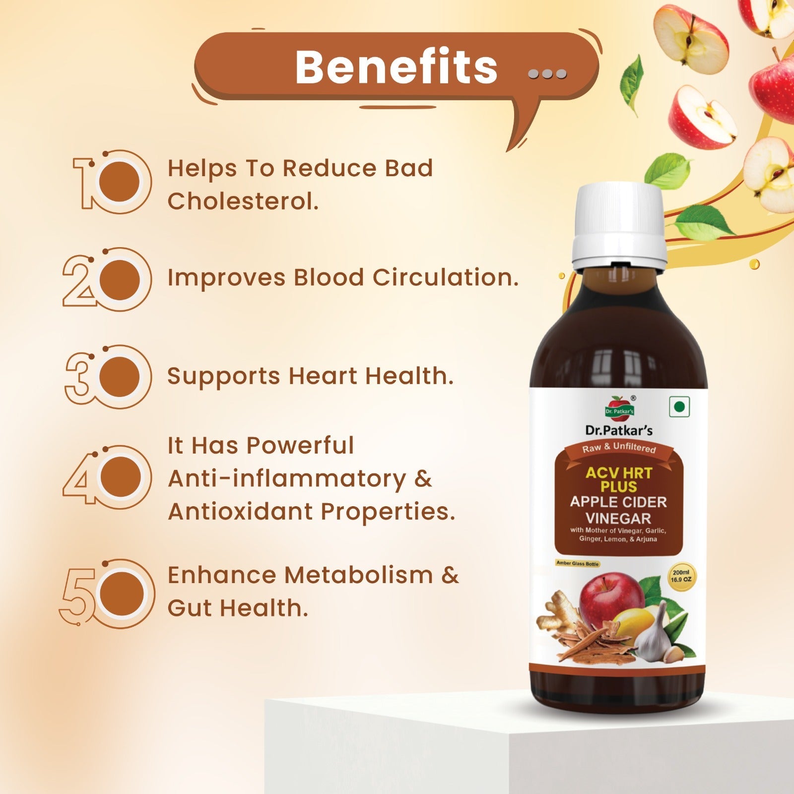 Dr. Patkar's Apple Cider Vinegar with Ginger, Garlic, Lemon & Arjuna (ACV HRT PLUS) + Formula Morning Detox Tonic Heart, Immunity & Digestion Support 200 ML (Pack of 1)