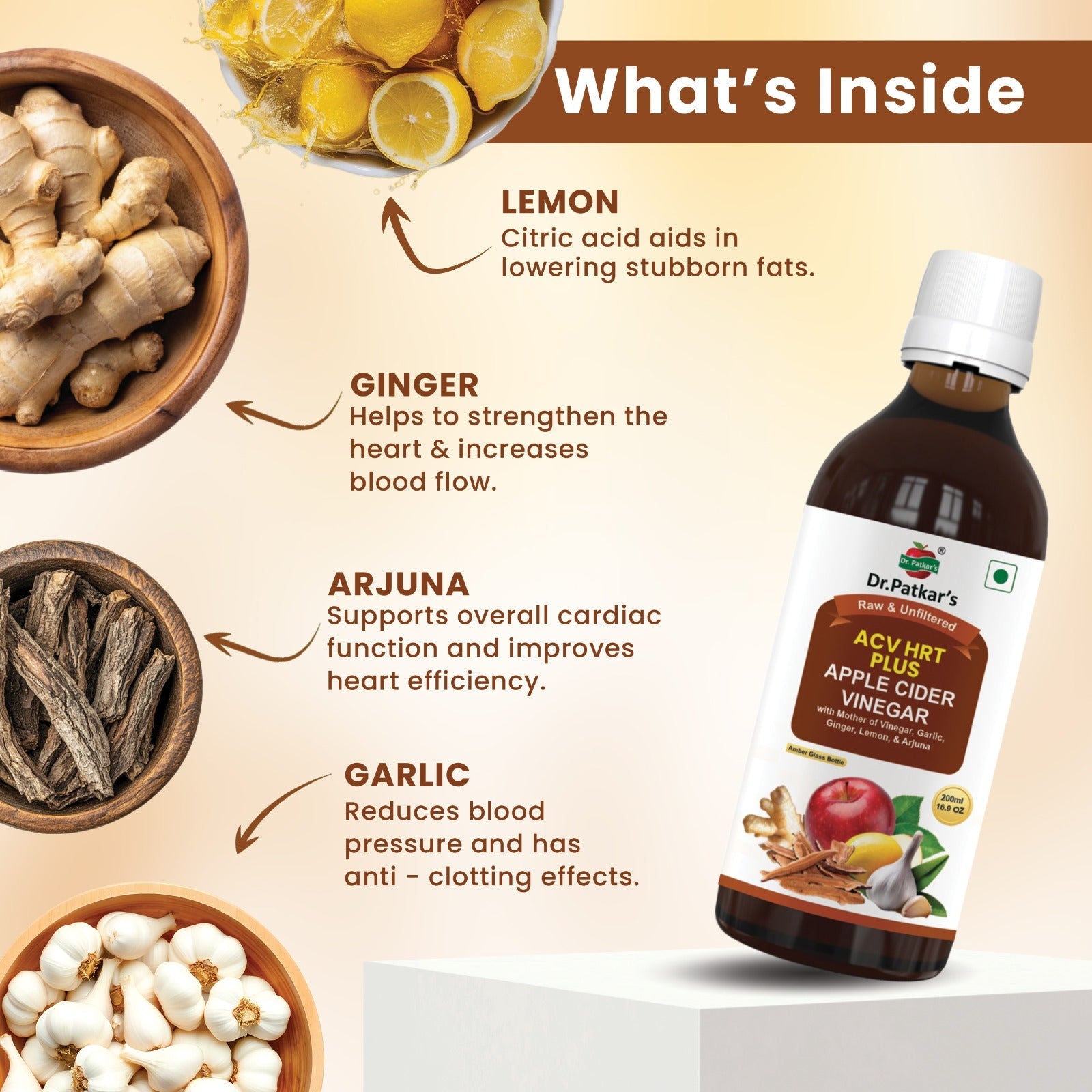 Dr. Patkar's Apple Cider Vinegar with Ginger, Garlic, Lemon & Arjuna (ACV HRT PLUS) + Formula Morning Detox Tonic Heart, Immunity & Digestion Support 200 ML (Pack of 1)