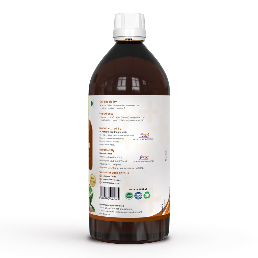 Dr. Patkar's Apple Cider Vinegar with Ginger, Garlic, Lemon & Arjuna (ACV HRT PLUS) + Formula Morning Detox Tonic Heart, Immunity & Digestion Support 1000 ML (Pack of 1)